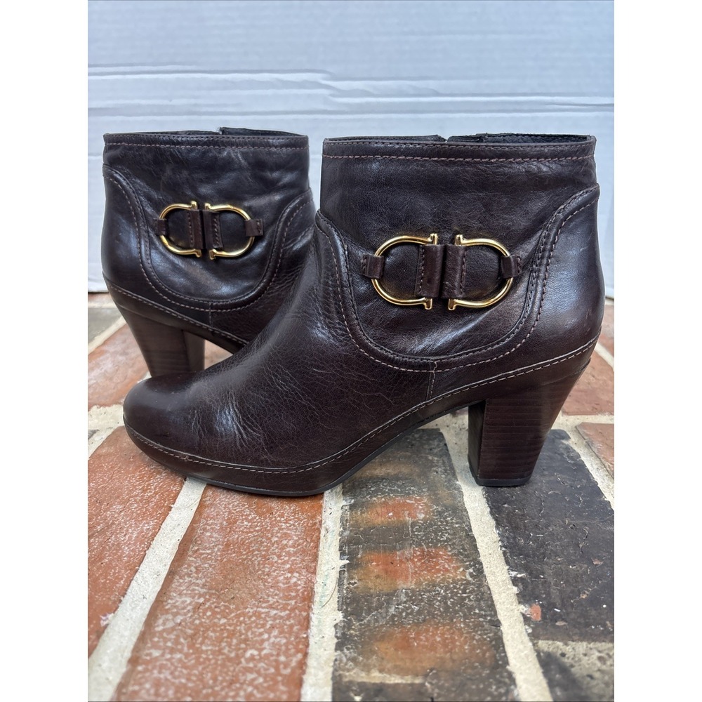 Clarks Women's Ankle Boots 10m Brown Leather Buckle High Heel Side Zip Comfort
